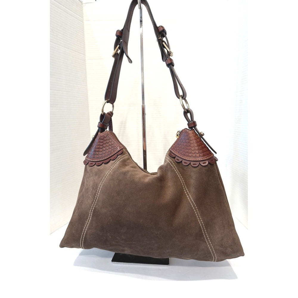 Dooney & Bourke Medium Brown  Suede Leather Scalloped Hobo Bag Purse - Picture 5 of 8